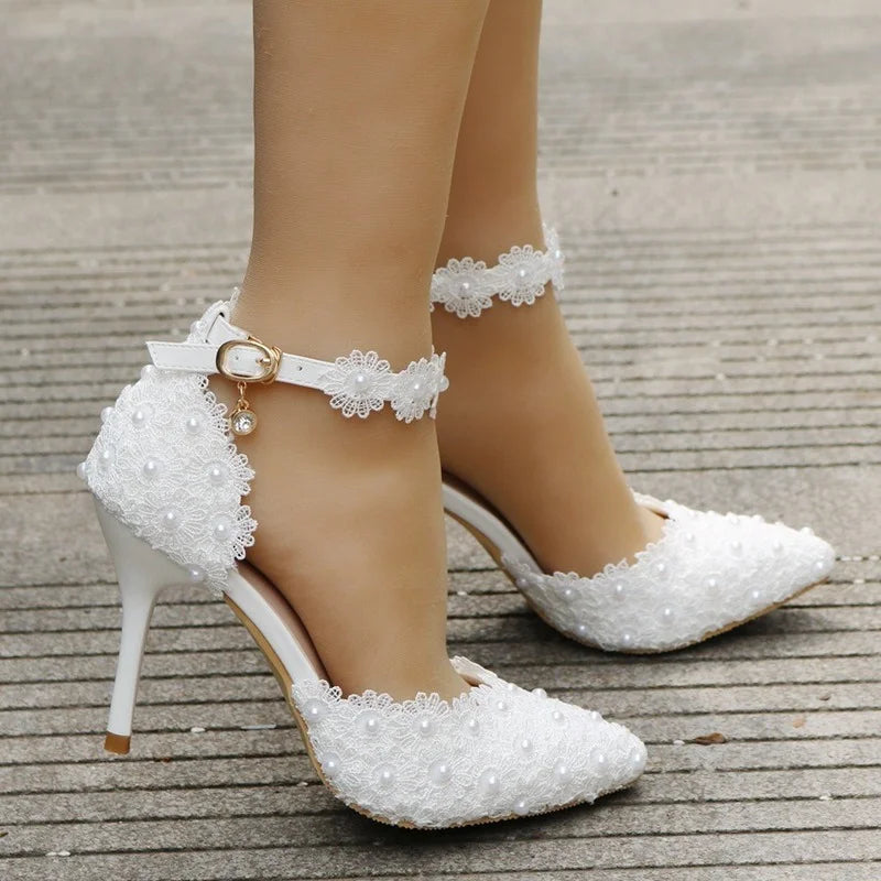 VougeVamp Women's Rhinestone Lace Wedding Heels – Elegant White Bridal Ankle Strap Pumps