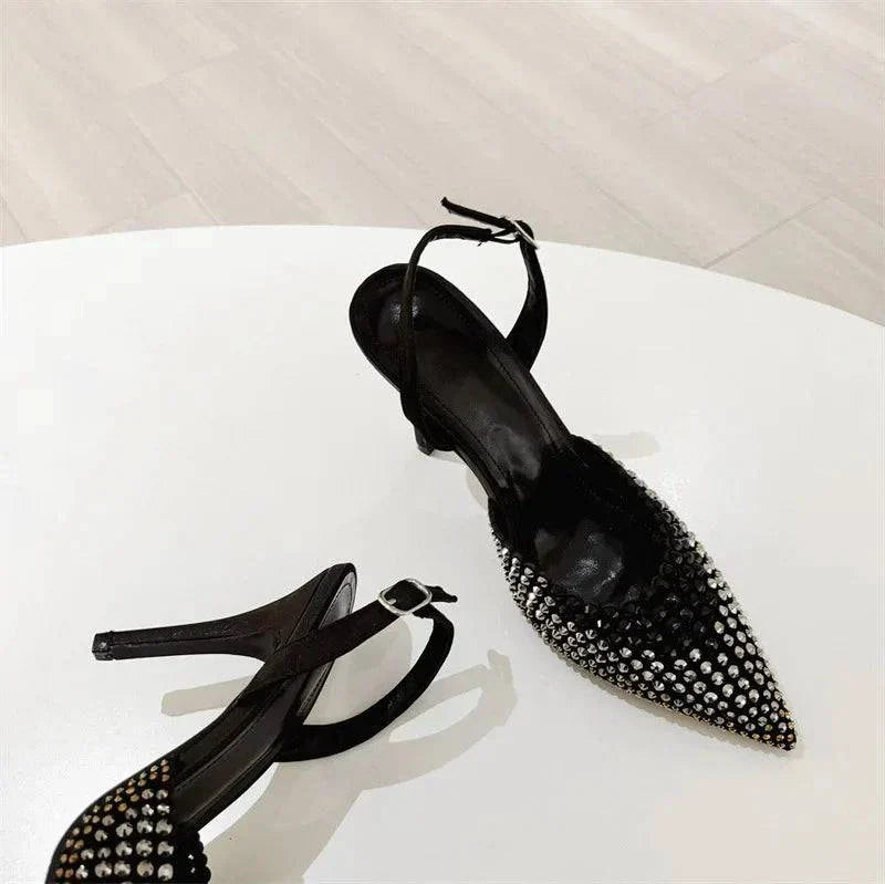 VougeVamp Black Crystal Rhinestone Slingback Pumps - Pointed Toe High Heel Party Shoes for Women