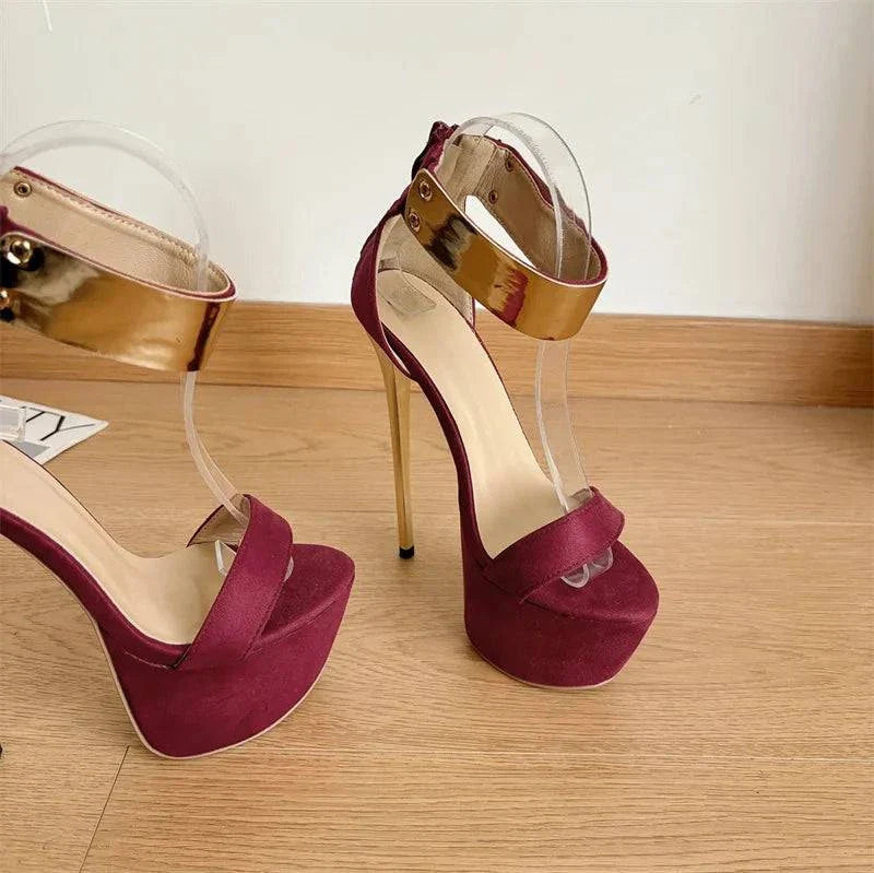 VougeVamp Metal Ankle Zip Platform Sandals - 16CM High Heel Party Shoes for Women