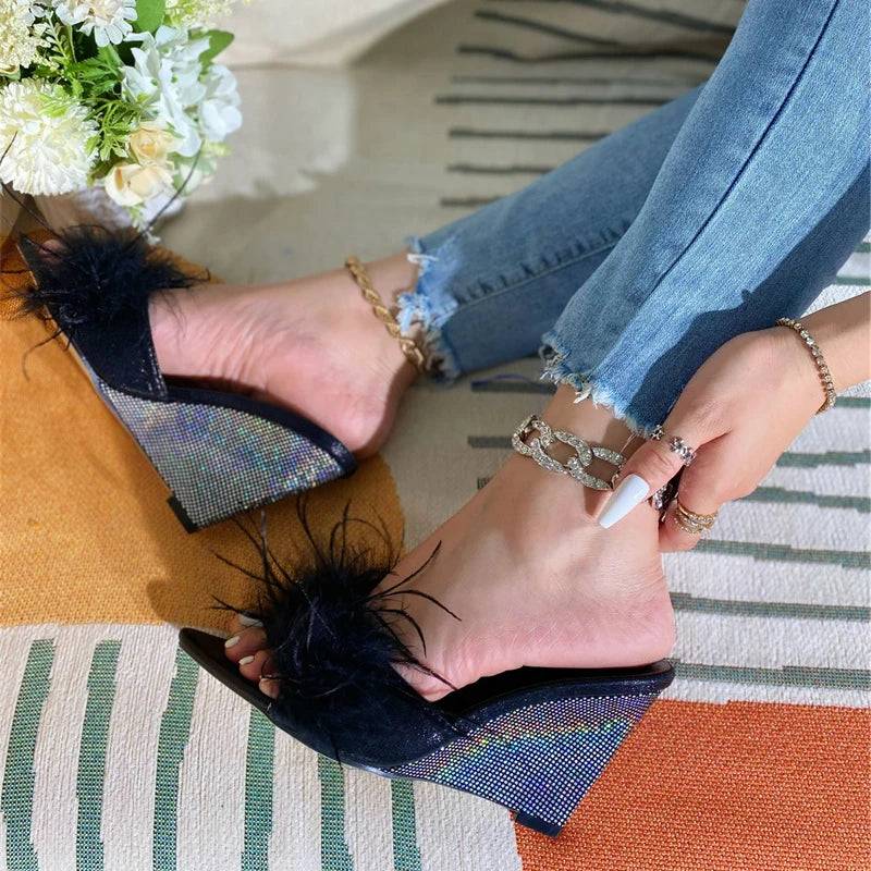 VougeVamp Blue Fluffy Feather Wedge Slippers - Pointed Toe High Heel Summer Sandals for Women