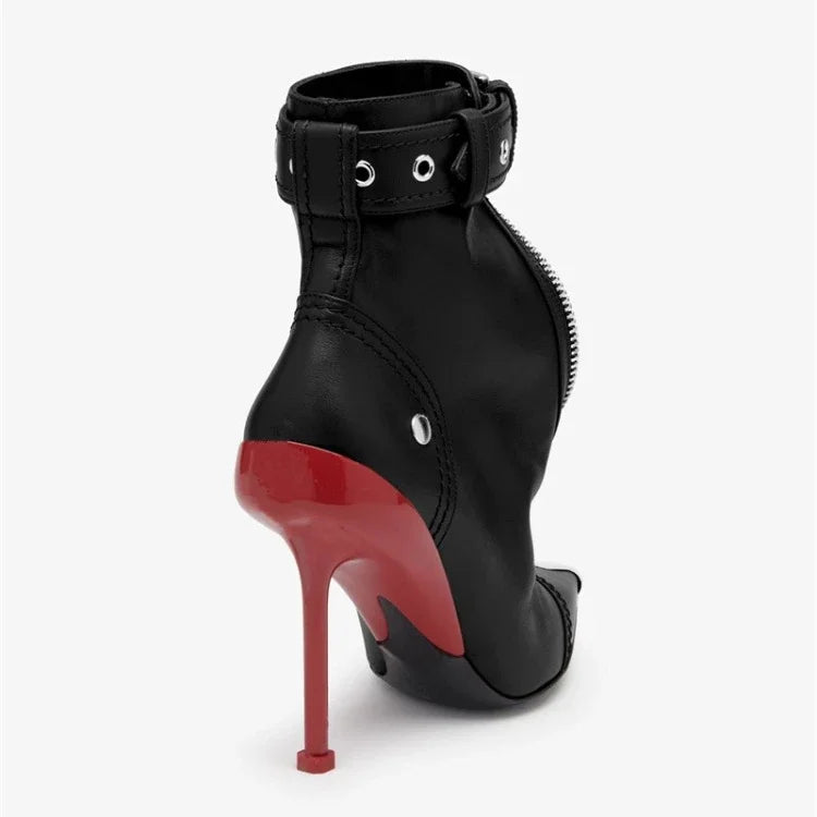Handmade Women's Red High-Heeled Ankle Boots with Belt Buckle, Front Zipper, Pointed Toe, and Metallic Accent - VougeVampUK