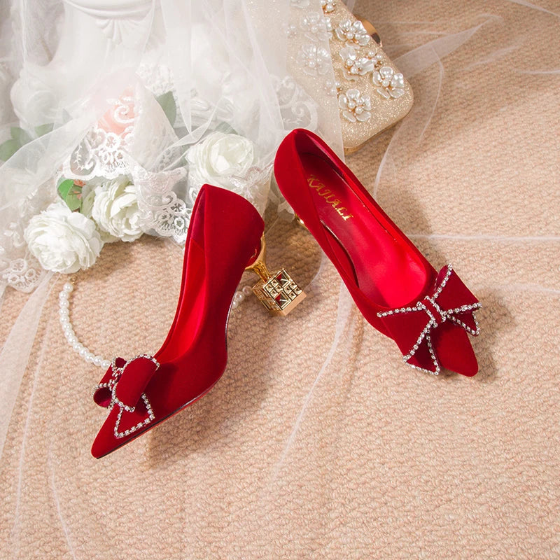 VougeVamp Red Bowtie Crystal High Heel Pumps – Elegant Slip-On Bridal & Party Shoes