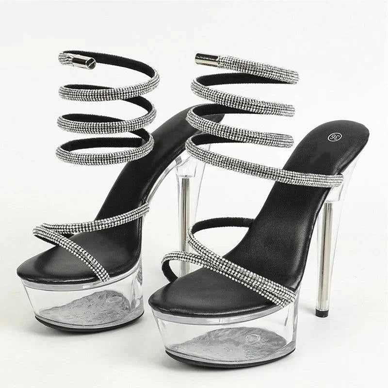 VougeVamp Rhinestone Snake Twine Platform Sandals - Transparent High Heel Wedding Shoes for Women