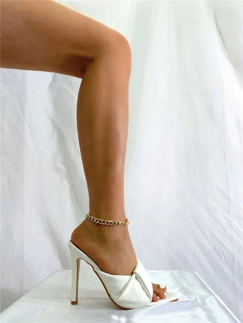 VougeVamp Orange Pleated Leather Slippers - Pointed Toe High Heel Summer Sandals for Women