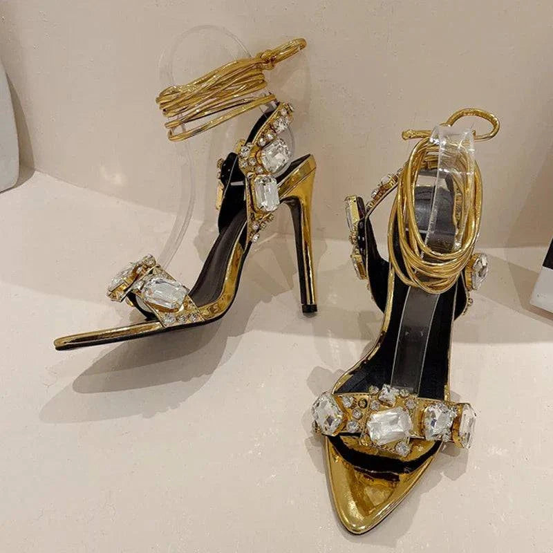 VougeVamp Green Crystal Cross-Strap Sandals - Pointed Toe High Heel Wedding Shoes for Women