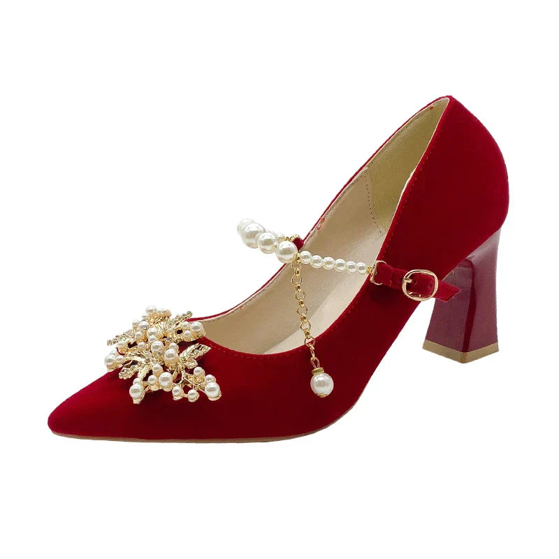 Women's Suede Pointed Toe High Heels – Elegant Embroidered Bridal & Banquet Pumps with Metal Detail