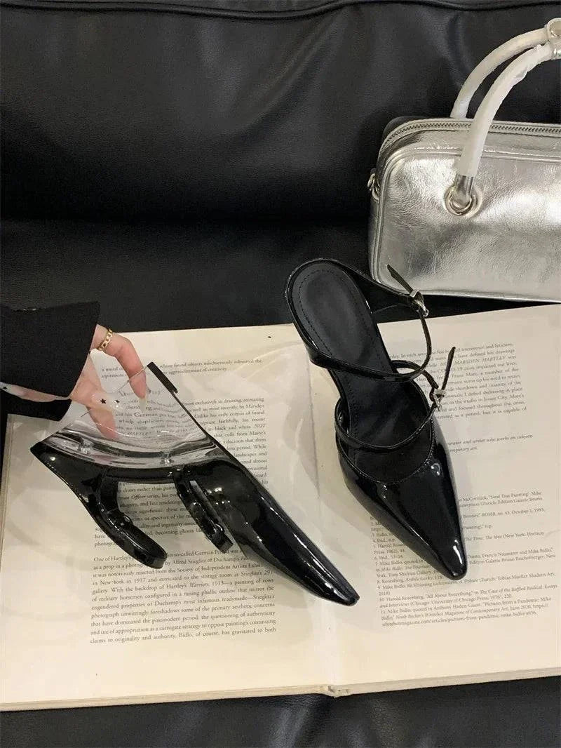 VougeVamp Women’s Transparent Wedge Slippers – Patent Leather Pointed Toe Mules with Buckle Strap for Parties and Summer Events