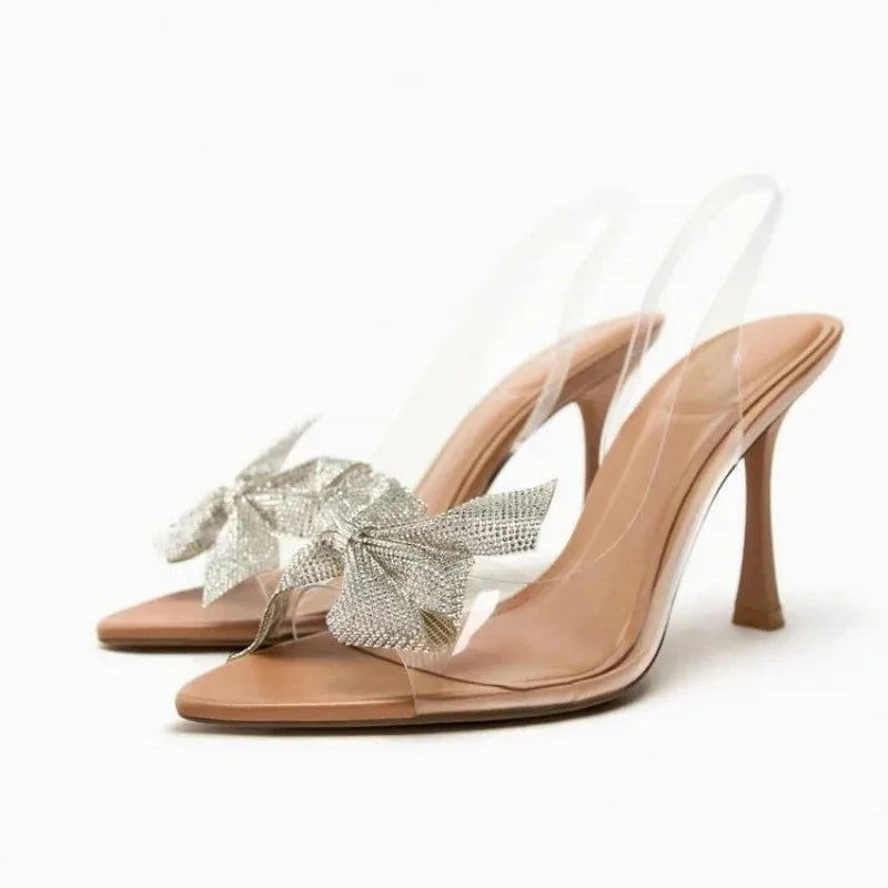 Luxury Rhinestone Bow Transparent Slingback Sandals - Elegant Pointed Toe High Heels for Bridal Weddings - VougeVampUK