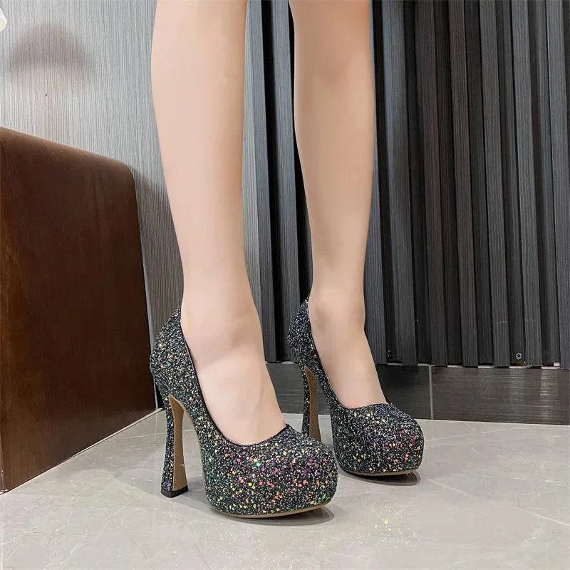 VougeVamp Sequined Cloth Platform Pumps - Round Toe High Heel Party Shoes for Women