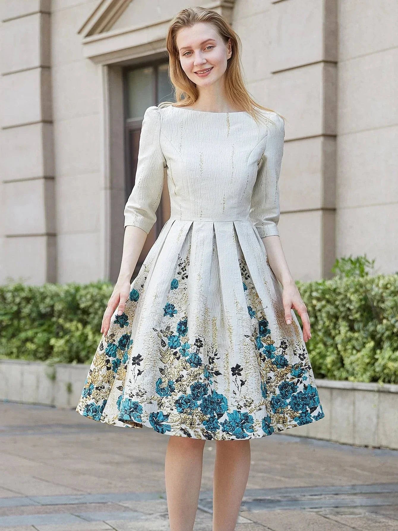 VougeVamp Luxury Women Jacquard Mid-Calf Dress - Floral A-Line Evening Gown with Three-Quarter Sleeves - VougeVampUK