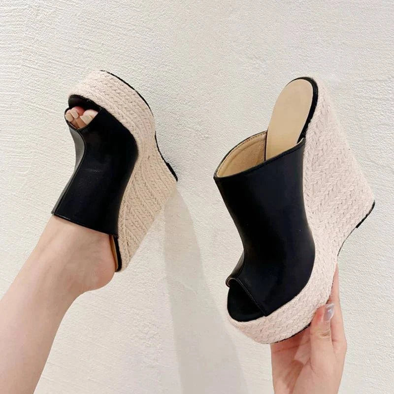 VougeVamp Women’s Straw Rope Weave Platform Slippers – Handmade Summer Sandals with Super High Wedge Heels