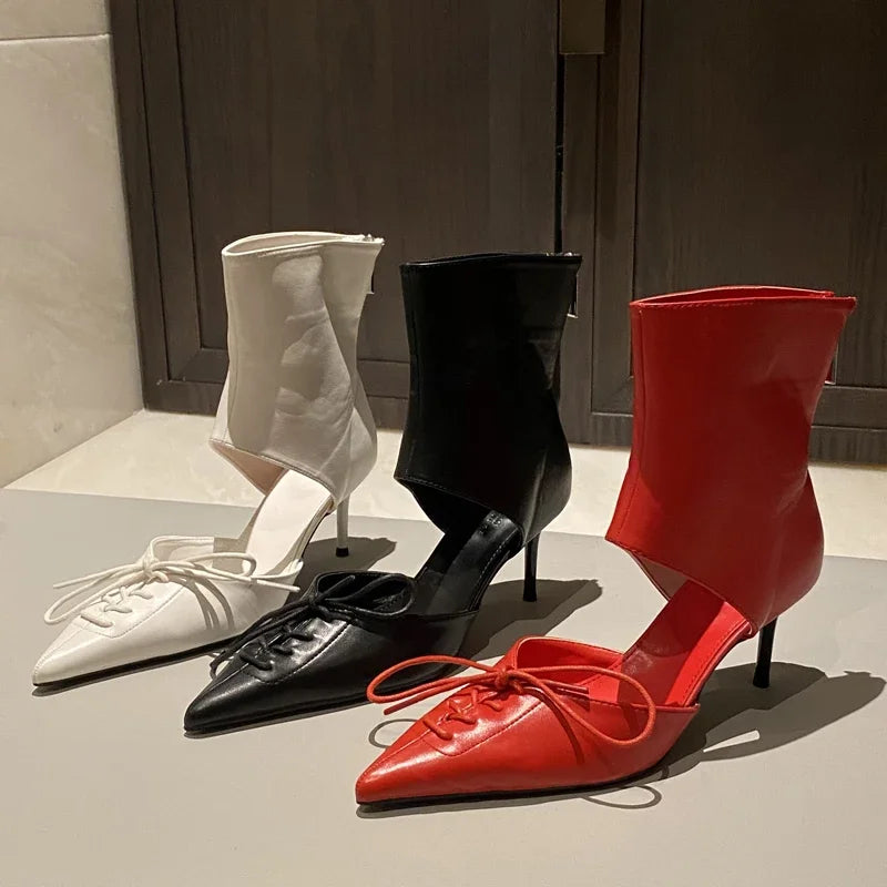 VougeVamp Women's Butterfly Knot Ankle Boots – Pointed Toe Thin Heel Boots with Zipper Closure