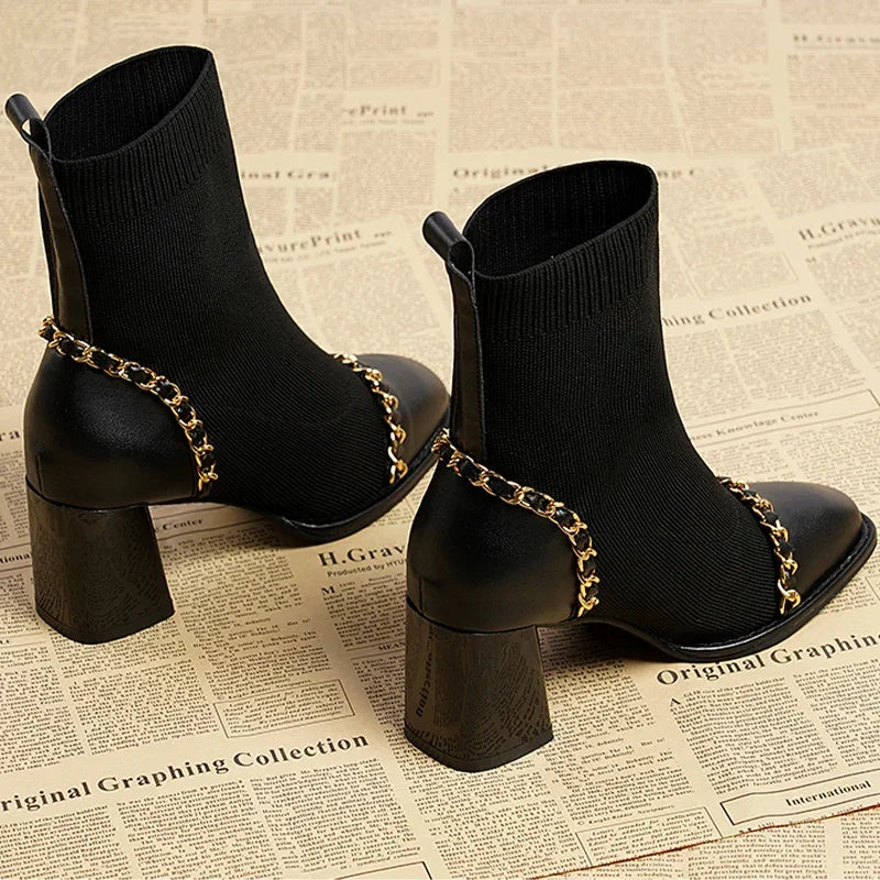 VougeVamp Women's Knitted Chain Sock Boots – Trendy Chunky Heel Winter Ankle Boots - VougeVampUK