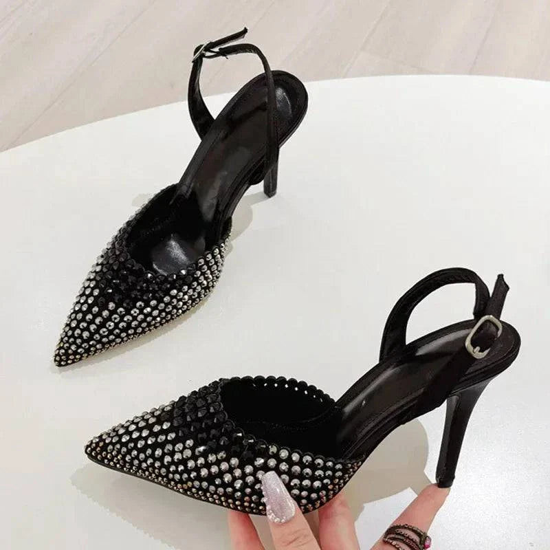 VougeVamp Black Crystal Rhinestone Slingback Pumps - Pointed Toe High Heel Party Shoes for Women