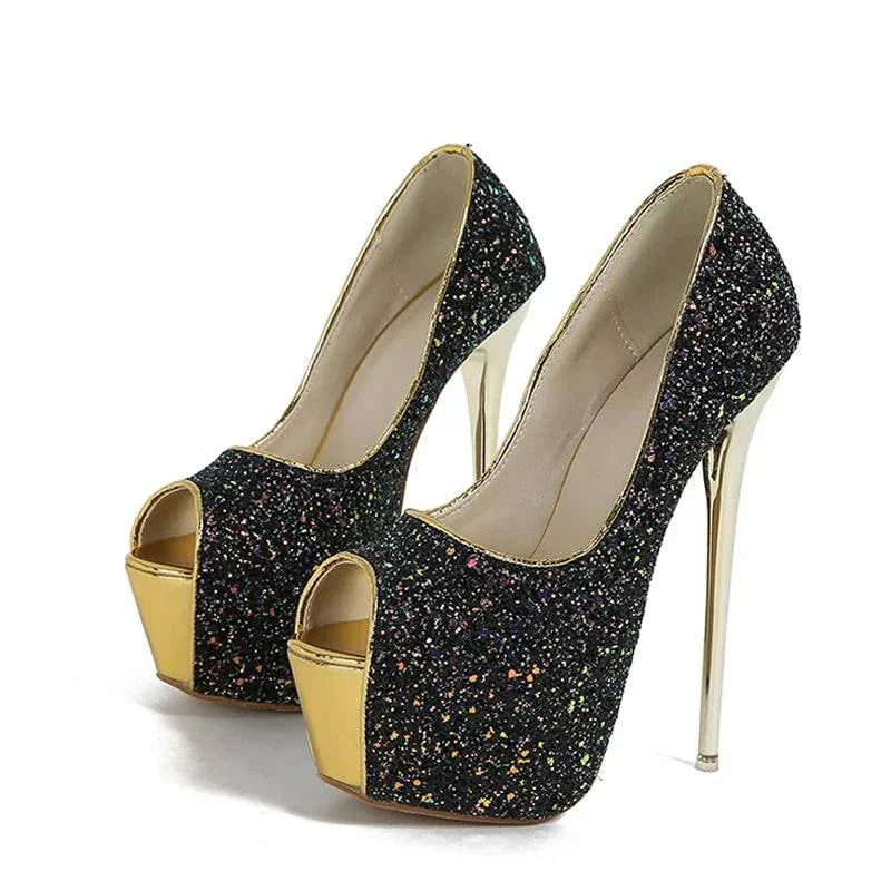 VougeVamp Women’s Sequined Peep-Toe Platform Pumps – Extreme High Heels for Parties, Nightclubs, and Weddings