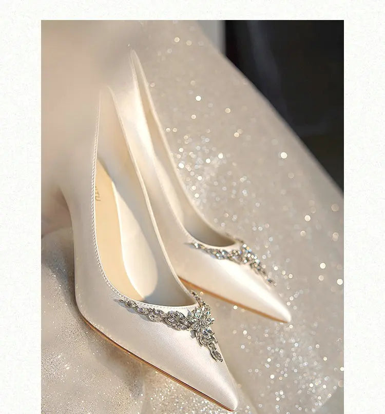 VougeVamp White Silk Satin Bridal Heels – Rhinestone Crystal Stiletto Pumps for Weddings