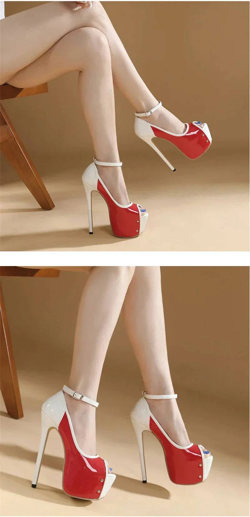 VougeVamp Women’s Red Peep-Toe Platform Pumps – Ultra High 16CM Heels for Parties, Weddings, and Pole Dancing