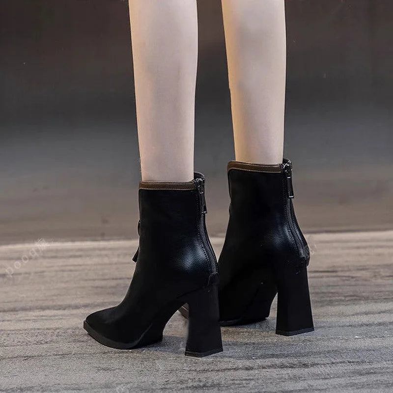 VougeVamp Leather High-Heeled Ankle Boots – Pointed Toe Winter Booties with Back Zip - VougeVampUK