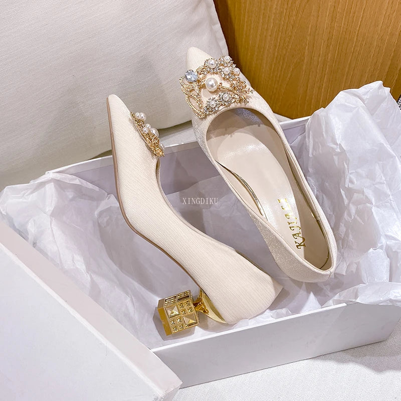 Women's High Heels Pointed Toe with Shaped Heel and Square Buckle, 5cm-7cm Wedding and Banquet Shoes