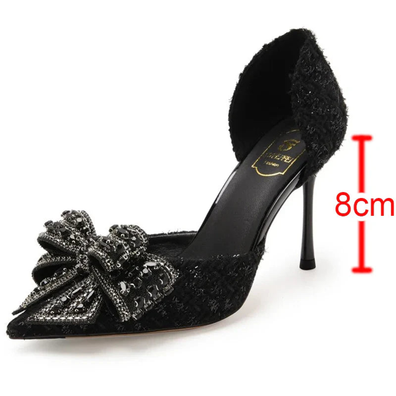 VougeVamp Bling Crystal Bow Thin Heel Pumps – Elegant D'Orsay Bridal & Party Shoes