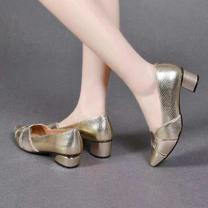 VougeVamp Women's Elegant Gold Heel Pumps – Pointed Toe Leather Bridal & Wedding Sandals