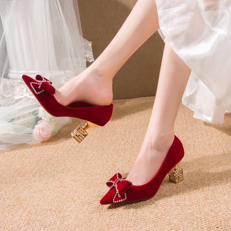 VougeVamp Red Bowtie Crystal High Heel Pumps – Elegant Slip-On Bridal & Party Shoes