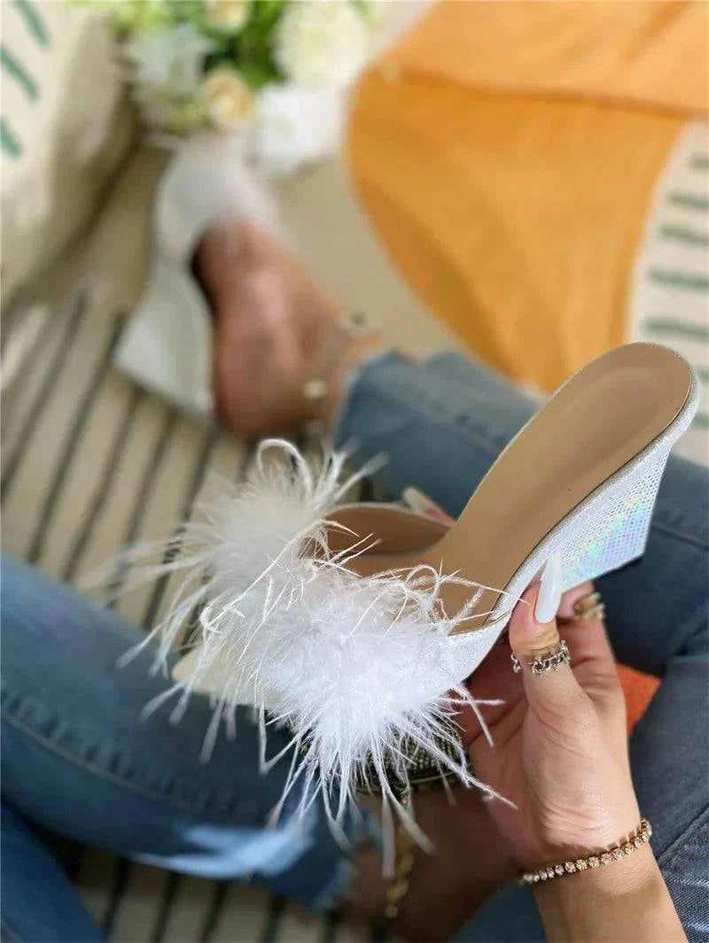 VougeVamp Blue Fluffy Feather Wedge Slippers - Pointed Toe High Heel Summer Sandals for Women
