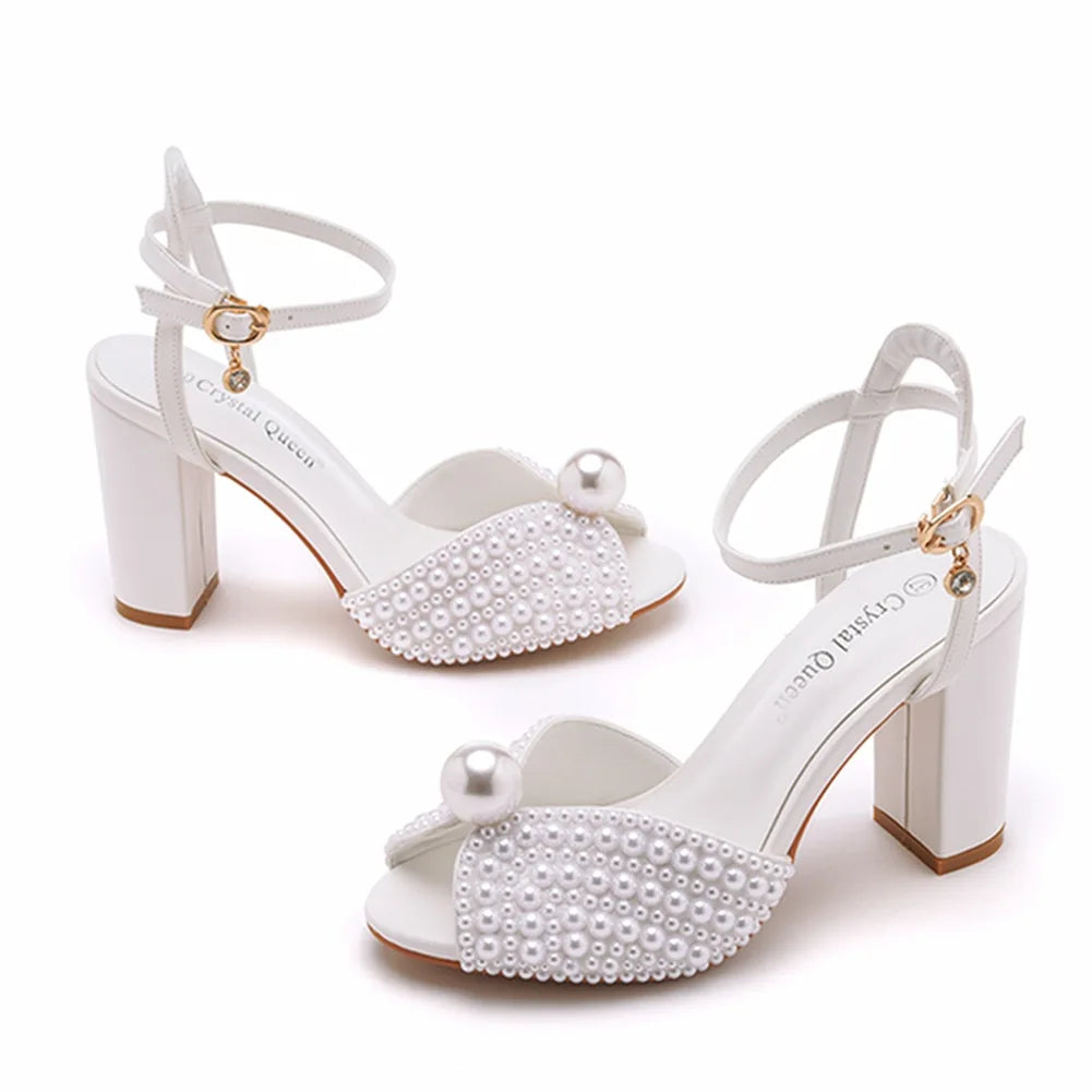 Handmade Designer Pearl-Embellished Thick Square Heel Fish Mouth Sandals for Brides, Wedding Shoes