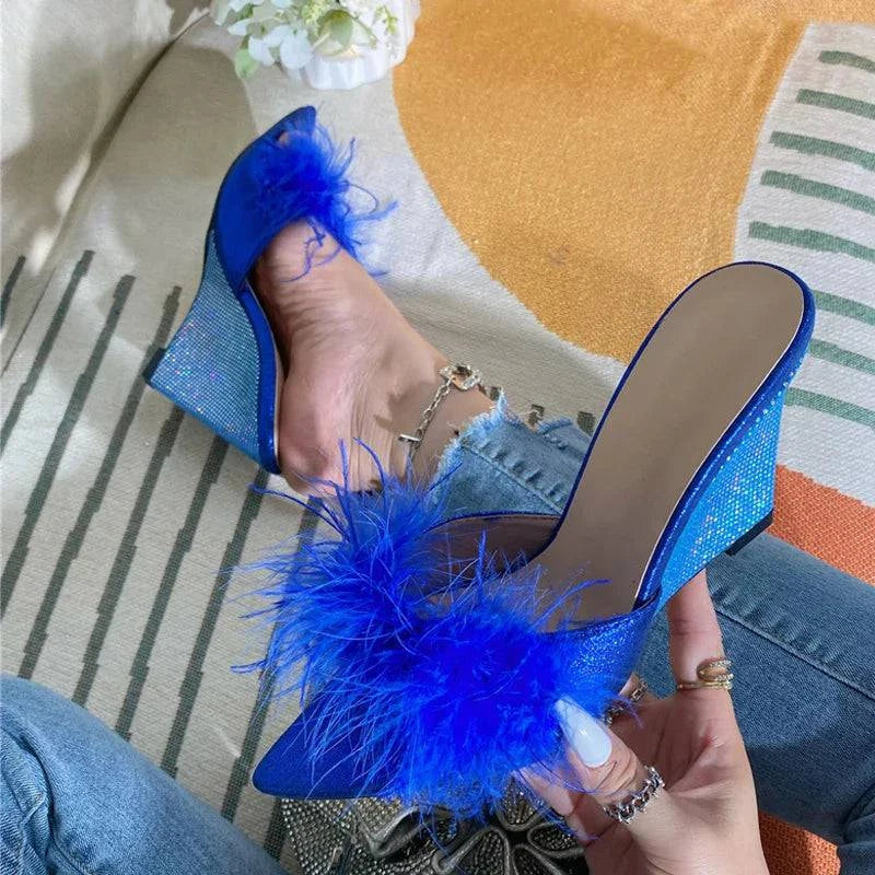 VougeVamp Blue Fluffy Feather Wedge Slippers - Pointed Toe High Heel Summer Sandals for Women