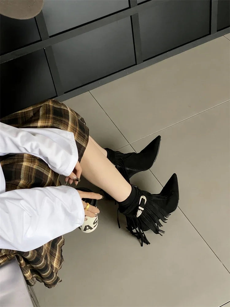 Tassel Belt Buckle Women’s Ankle Boots with Pointed Toe and Thin Heels, Fashionable Zipper Design - VougeVampUK