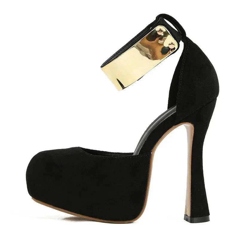 VougeVamp Women’s Metal Ankle Strap Platform Pumps – Sexy 13CM Strange High Heels for Parties and Proms