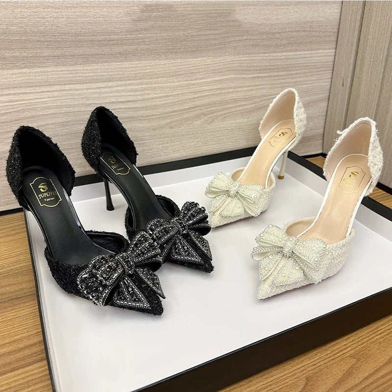 VougeVamp Bling Crystal Bow Thin Heel Pumps – Elegant D'Orsay Bridal & Party Shoes