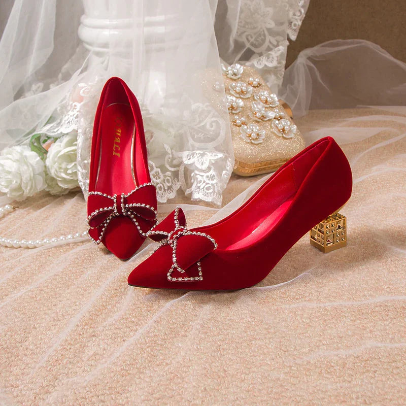 VougeVamp Red Bowtie Crystal High Heel Pumps – Elegant Slip-On Bridal & Party Shoes