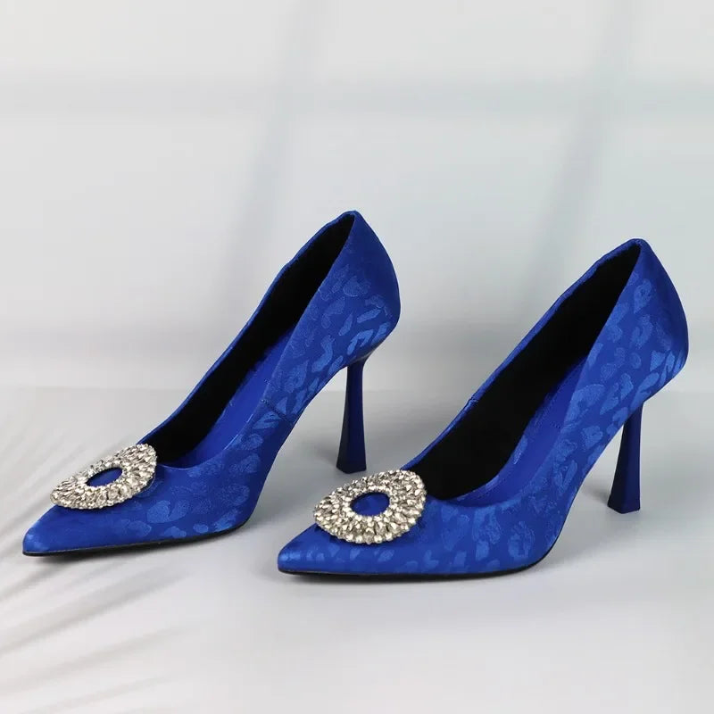 Elegant Satin Pointed Toe Heels with Diamond Circle Detail - High-Quality Bridal & Evening Pumps