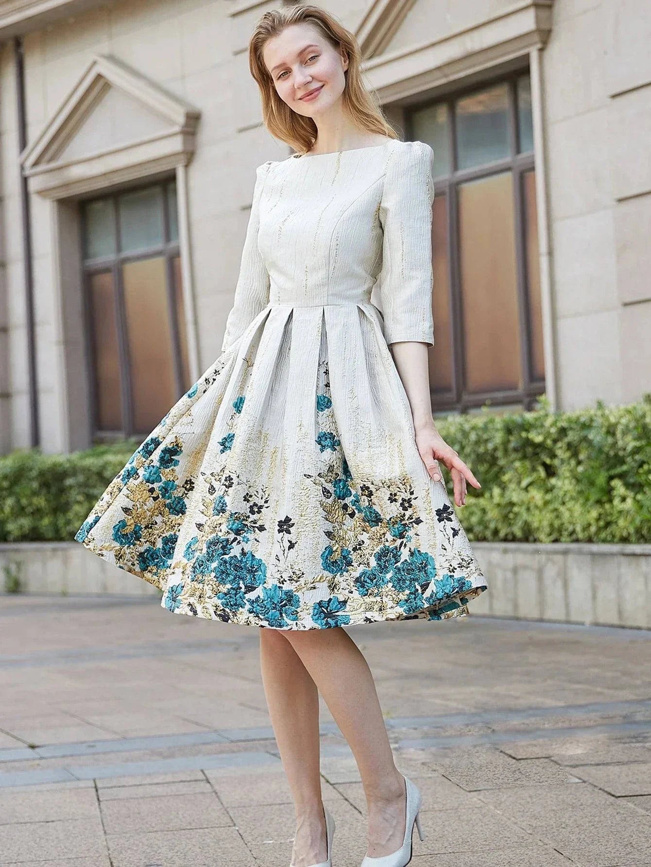 VougeVamp Luxury Women Jacquard Mid-Calf Dress - Floral A-Line Evening Gown with Three-Quarter Sleeves - VougeVampUK