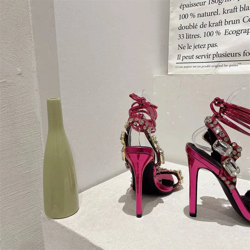 VougeVamp Green Crystal Cross-Strap Sandals - Pointed Toe High Heel Wedding Shoes for Women