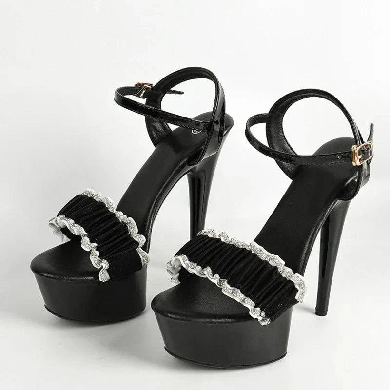 VougeVamp Women’s Crystal Pleated Platform Sandals – Elegant Open-Toe High Heels for Weddings and Parties