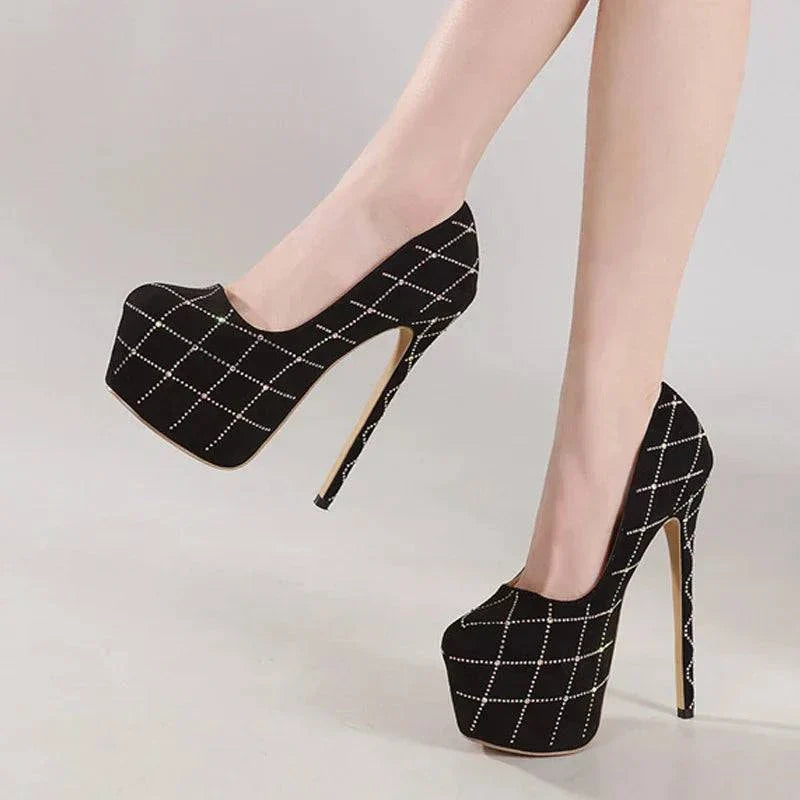 VougeVamp Women’s Catwalk Super High Heels – Crystal Rhinestone Platform Pumps for Parties and Banquets