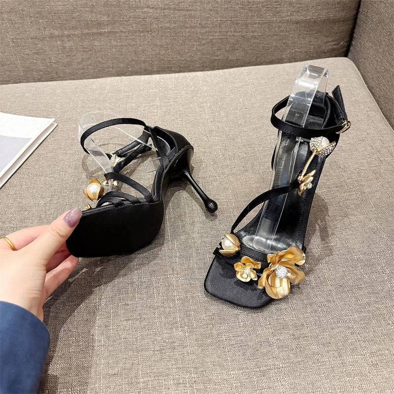 VougeVamp Gold Metal Flower Gladiator Sandals - Square Toe High Heel Party Shoes for Women