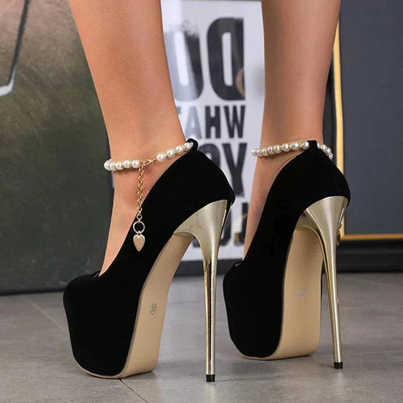 VougeVamp Black String Bead Platform Pumps - 16CM High Heel Ankle Strap Party Shoes for Women