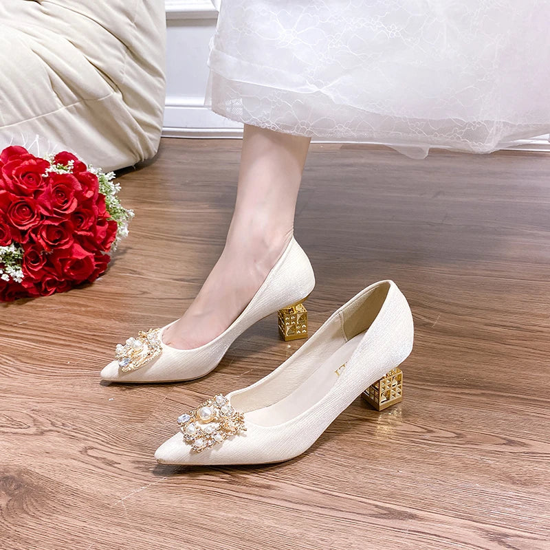 Women's High Heels Pointed Toe with Shaped Heel and Square Buckle, 5cm-7cm Wedding and Banquet Shoes