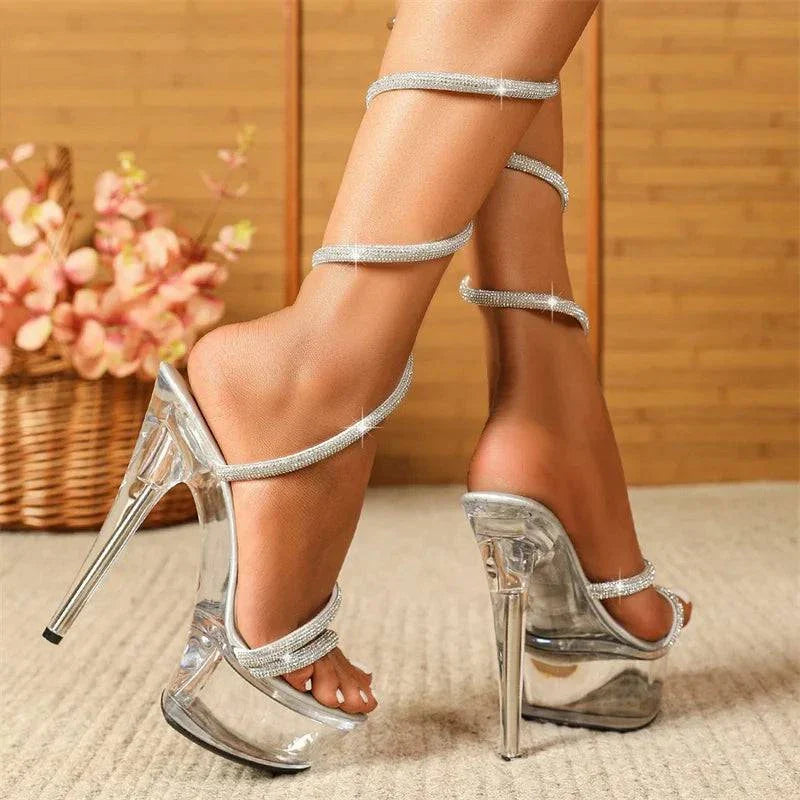 VougeVamp Rhinestone Snake Twine Platform Sandals - Transparent High Heel Wedding Shoes for Women