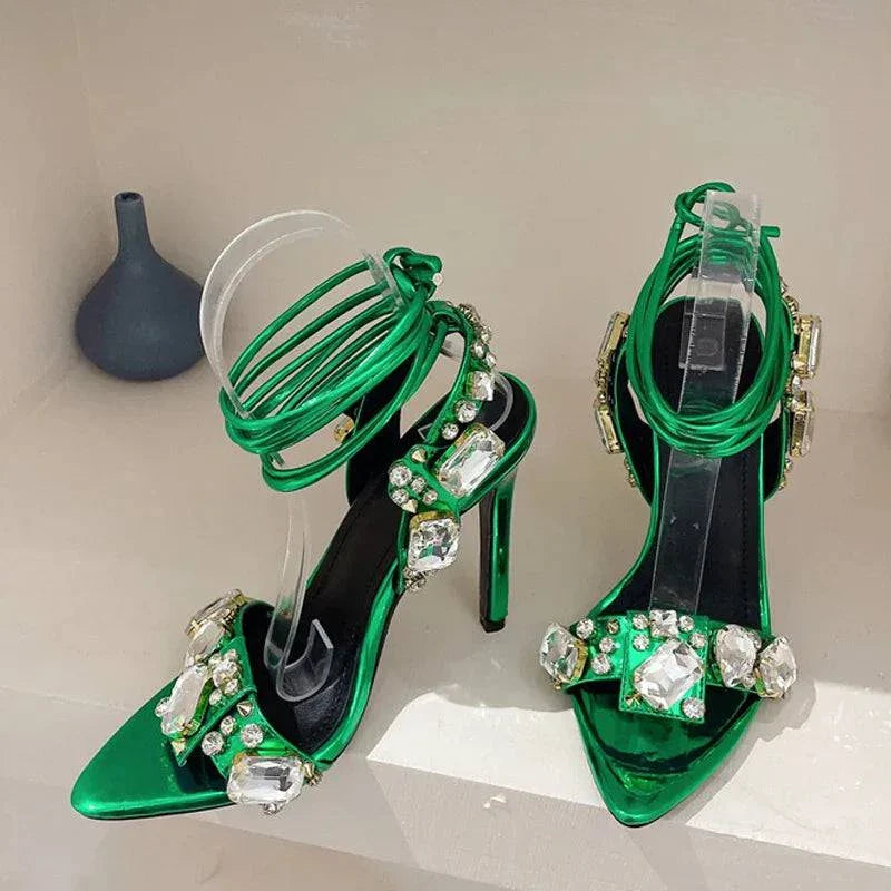 VougeVamp Green Crystal Cross-Strap Sandals - Pointed Toe High Heel Wedding Shoes for Women