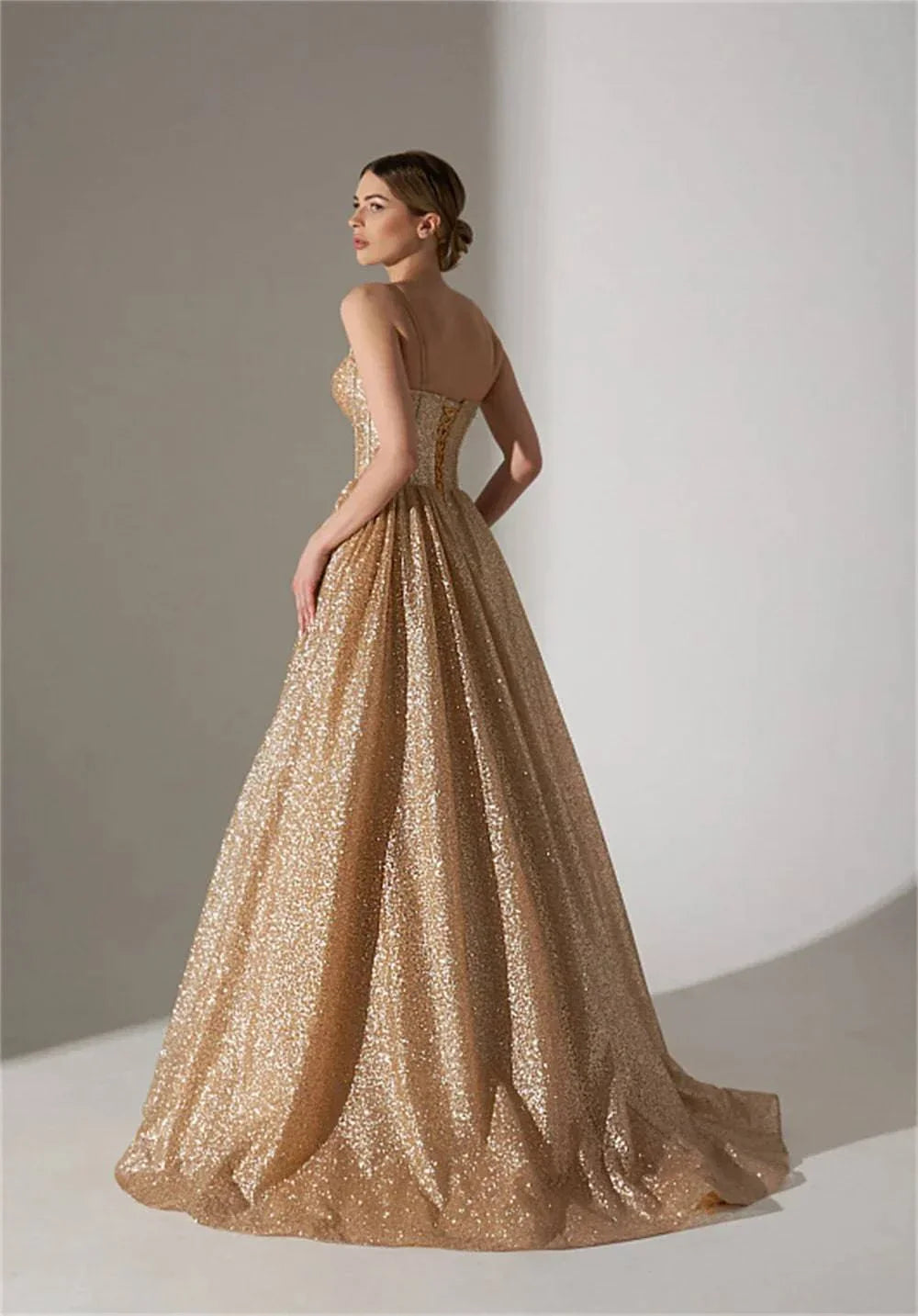 VougeVamp Sequin Spaghetti Strap V-Neck Evening Dress - Floor-Length Draped A-Line Wedding Gown - VougeVampUK