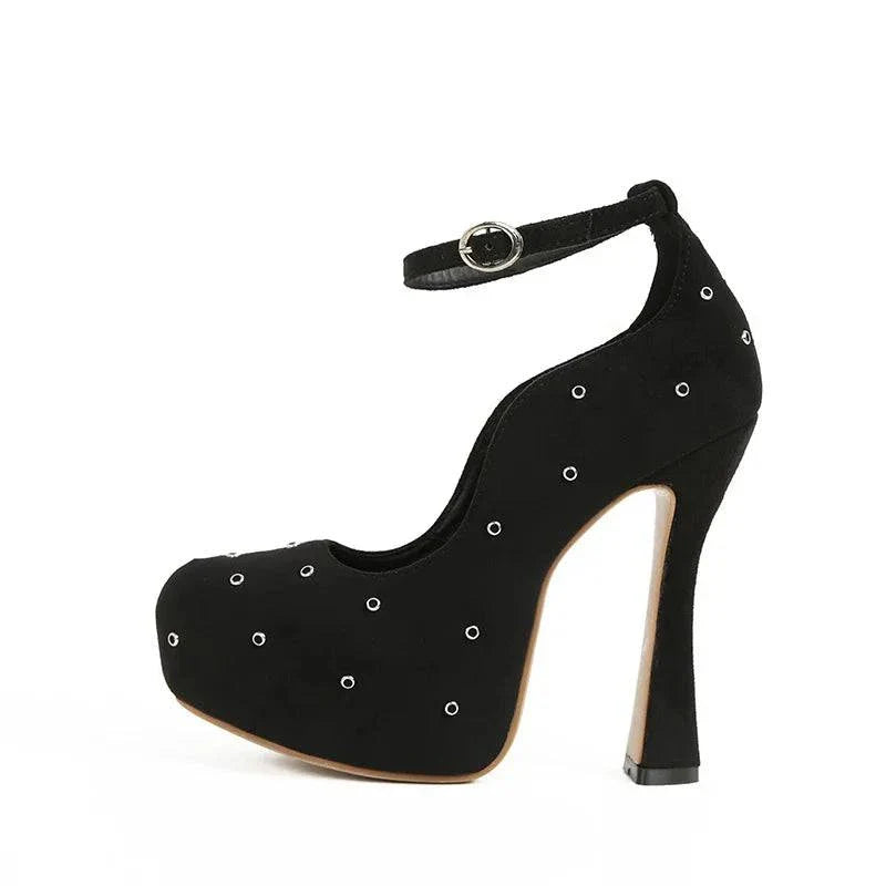 VougeVamp Women’s Round Toe Ankle Buckle Strap Pumps – Metal Rivet Designer High Heels for Parties and Events