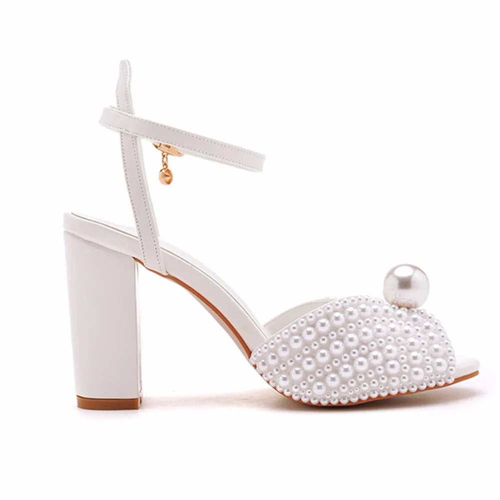 Handmade Designer Pearl-Embellished Thick Square Heel Fish Mouth Sandals for Brides, Wedding Shoes