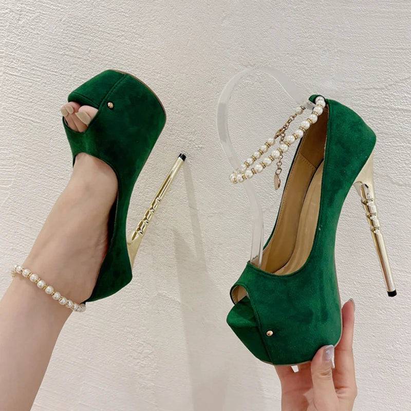 VougeVamp Green String Bead Platform Pumps - Peep Toe High Heel Wedding Shoes for Women
