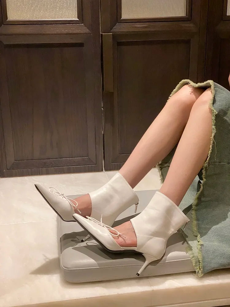 VougeVamp Women's Butterfly Knot Ankle Boots – Pointed Toe Thin Heel Boots with Zipper Closure