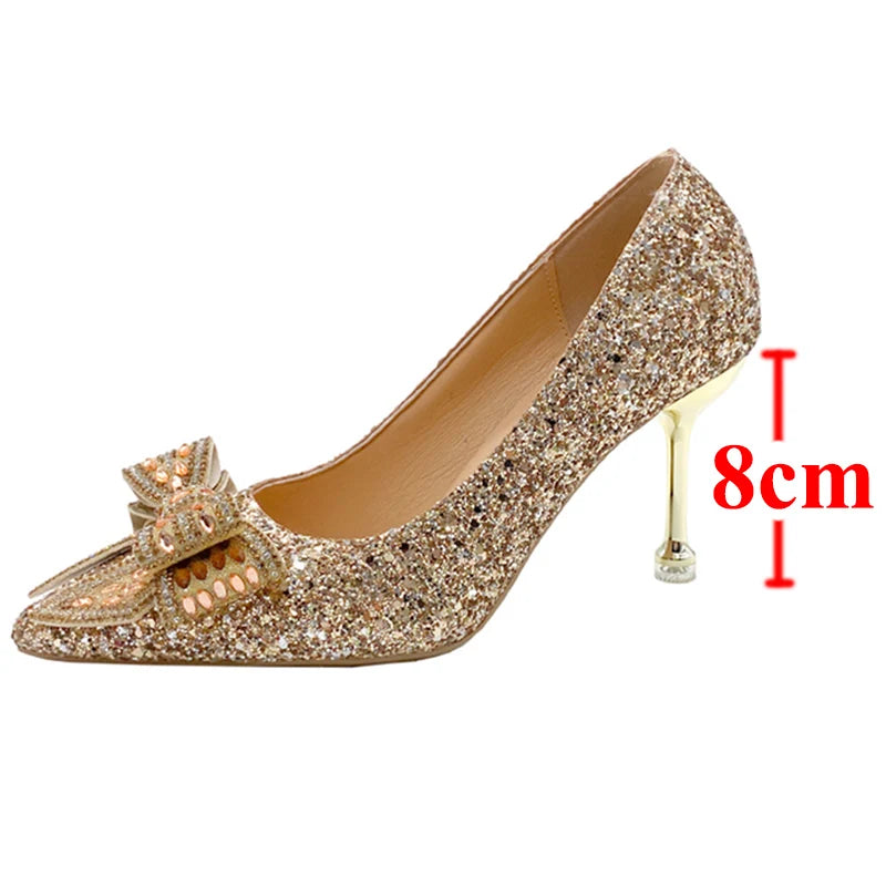 VougeVamp Handmade Crystal Bow Bridal Pumps – Glitter High Heels for Weddings & Parties
