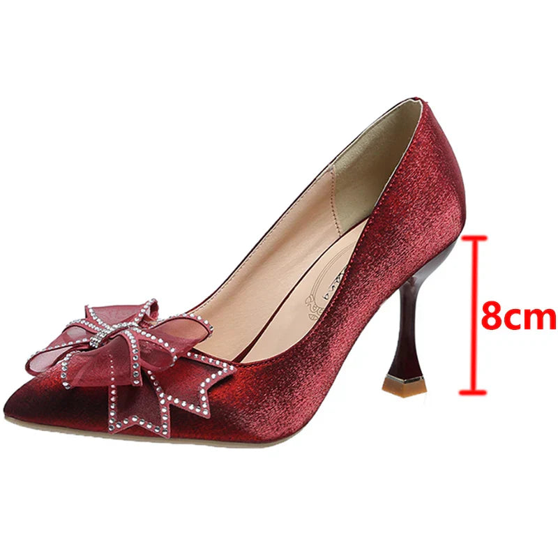 VougeVamp Rhinestone Bow Pointed Toe Stiletto Pumps – Elegant Satin Bridal & Wedding Heels - VougeVampUK